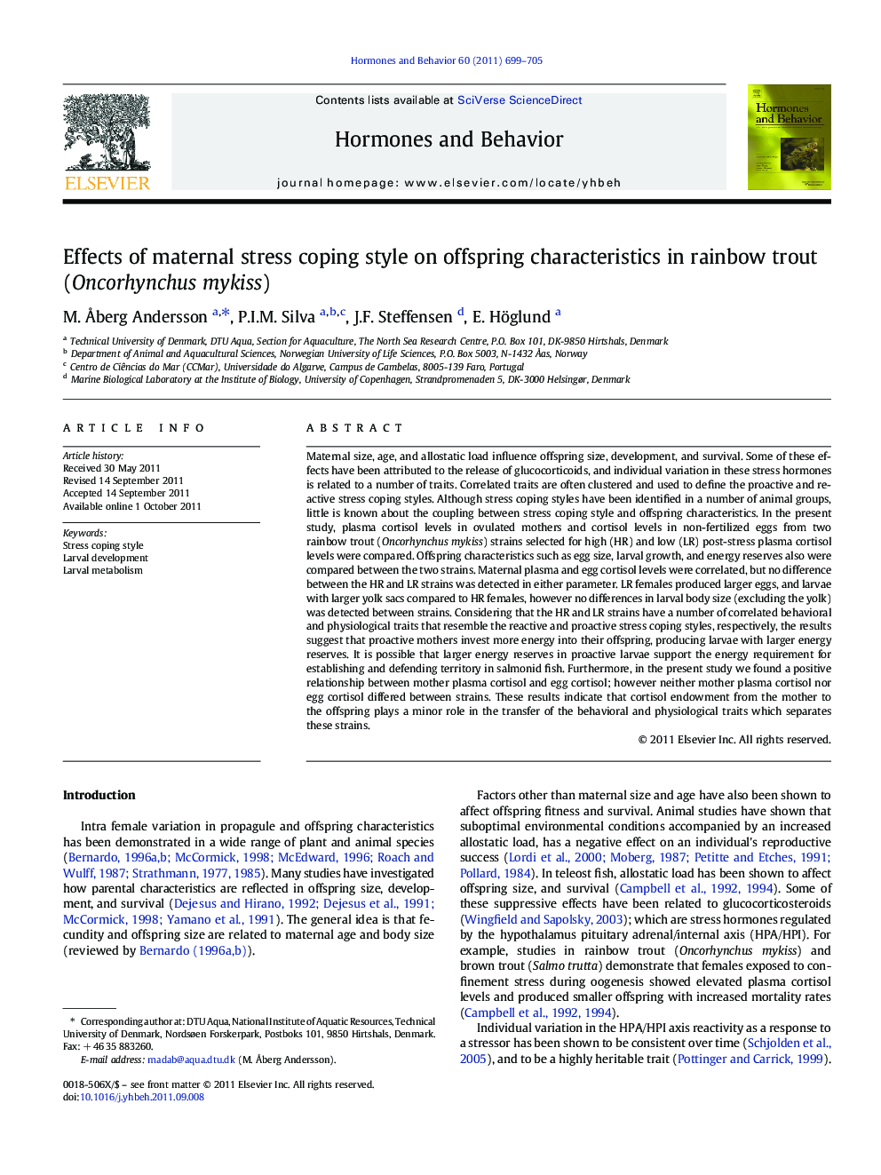 Effects of maternal stress coping style on offspring characteristics in rainbow trout (Oncorhynchus mykiss)