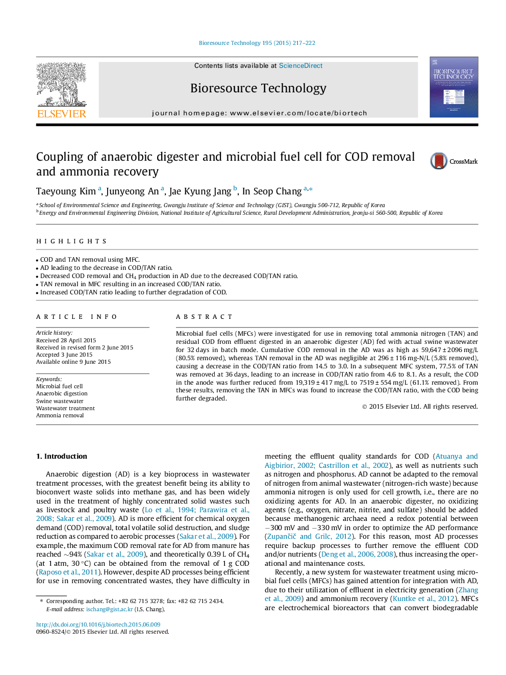 Coupling of anaerobic digester and microbial fuel cell for COD removal and ammonia recovery