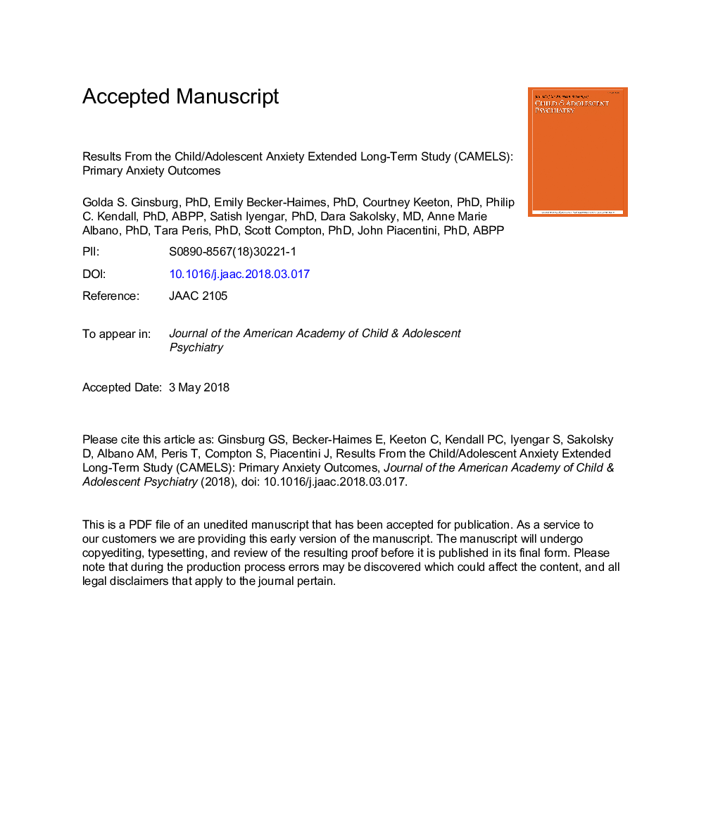 Results From the Child/Adolescent Anxiety MultimodalÂ Extended Long-Term Study (CAMELS): Primary AnxietyÂ Outcomes