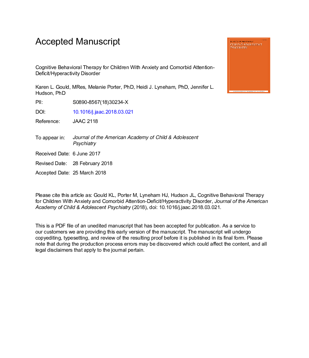 Cognitive-Behavioral Therapy for Children With Anxiety and Comorbid Attention-Deficit/Hyperactivity Disorder