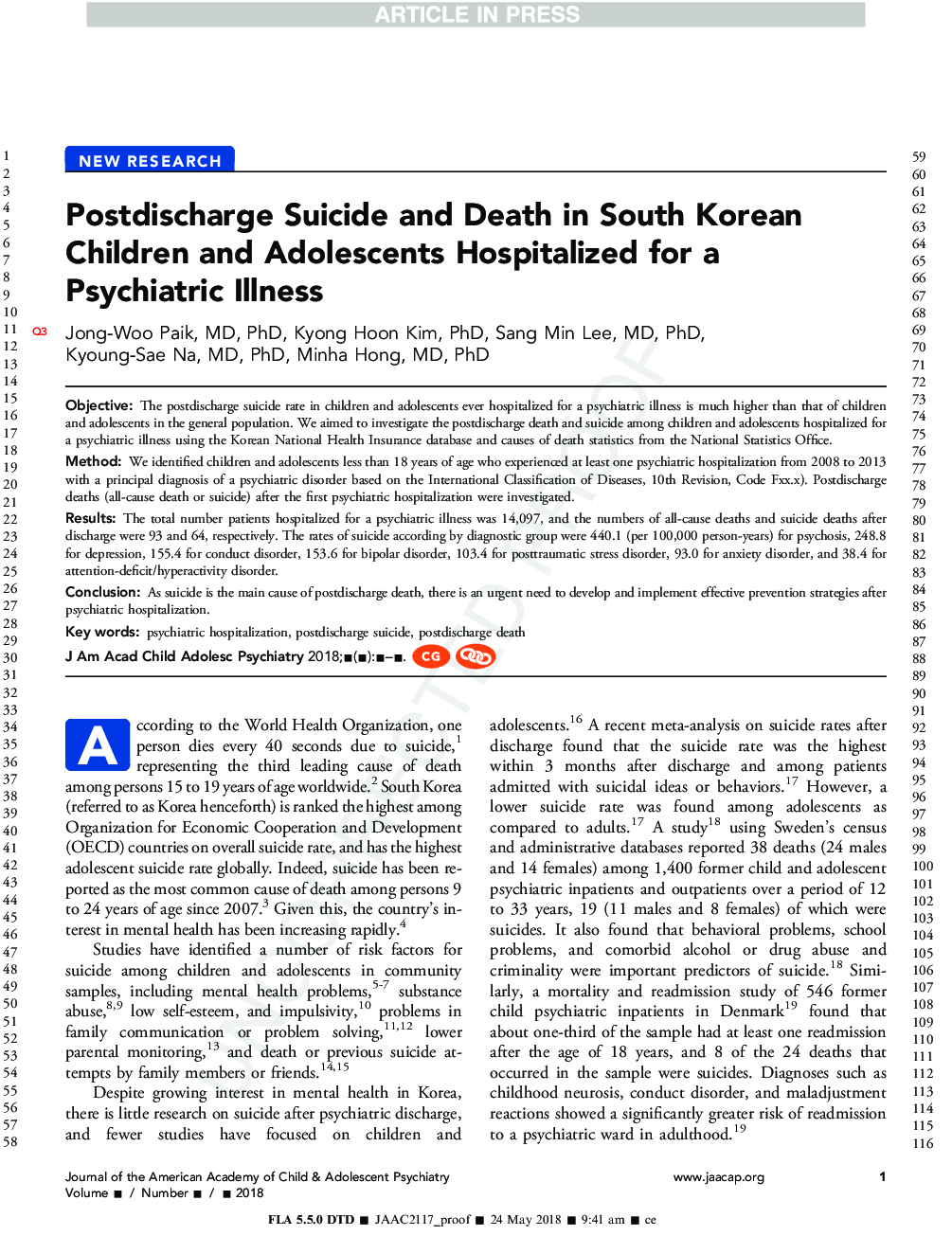 Postdischarge Suicide and Death in South Korean Children and Adolescents Hospitalized for a PsychiatricÂ Illness