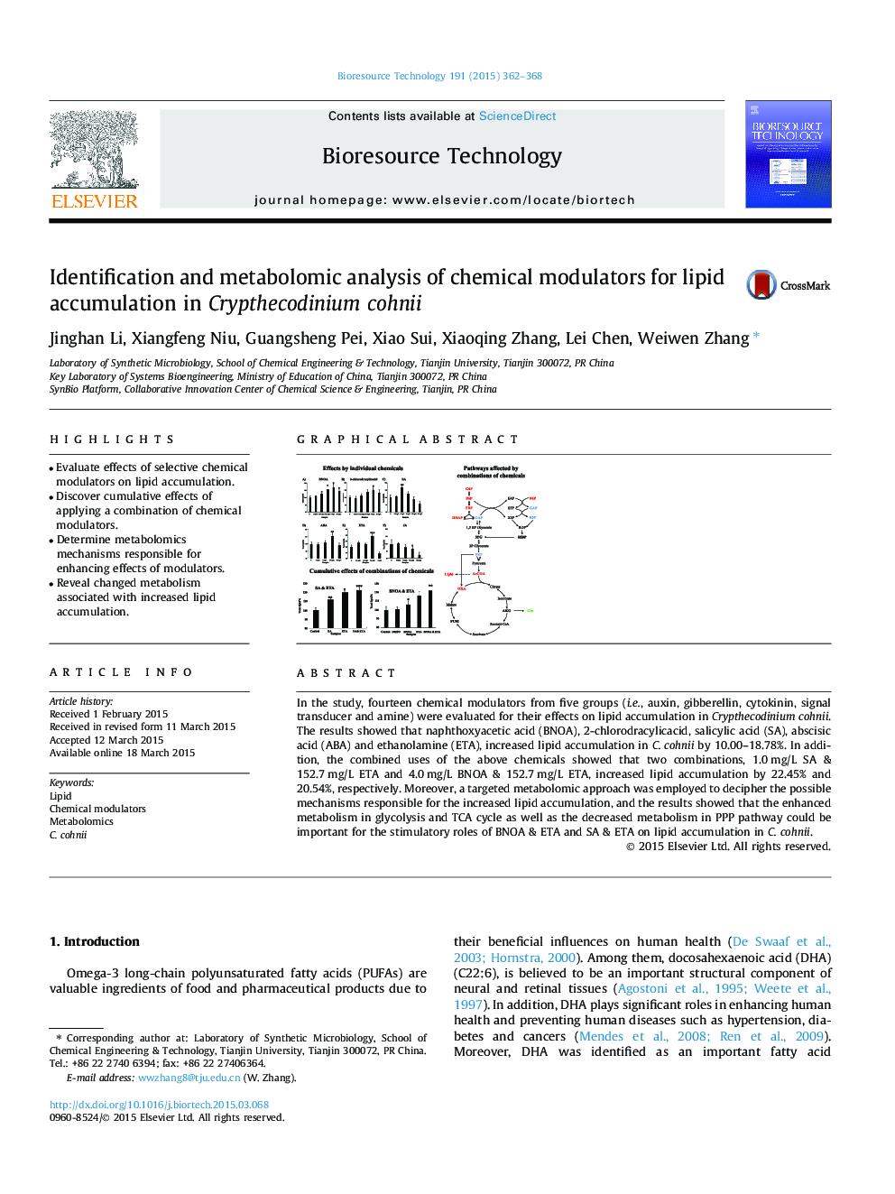 Identification and metabolomic analysis of chemical modulators for lipid accumulation in Crypthecodinium cohnii