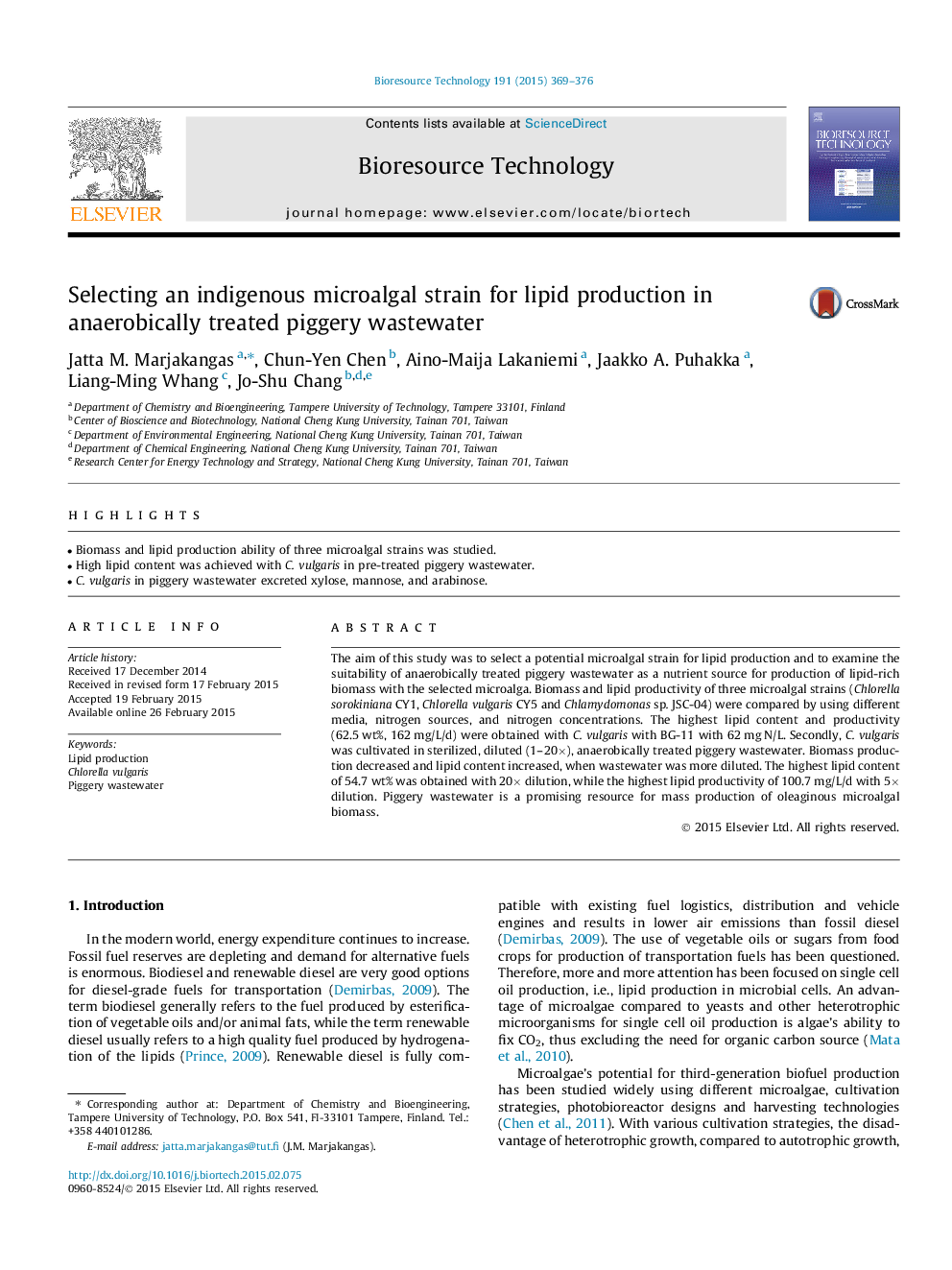 Selecting an indigenous microalgal strain for lipid production in anaerobically treated piggery wastewater