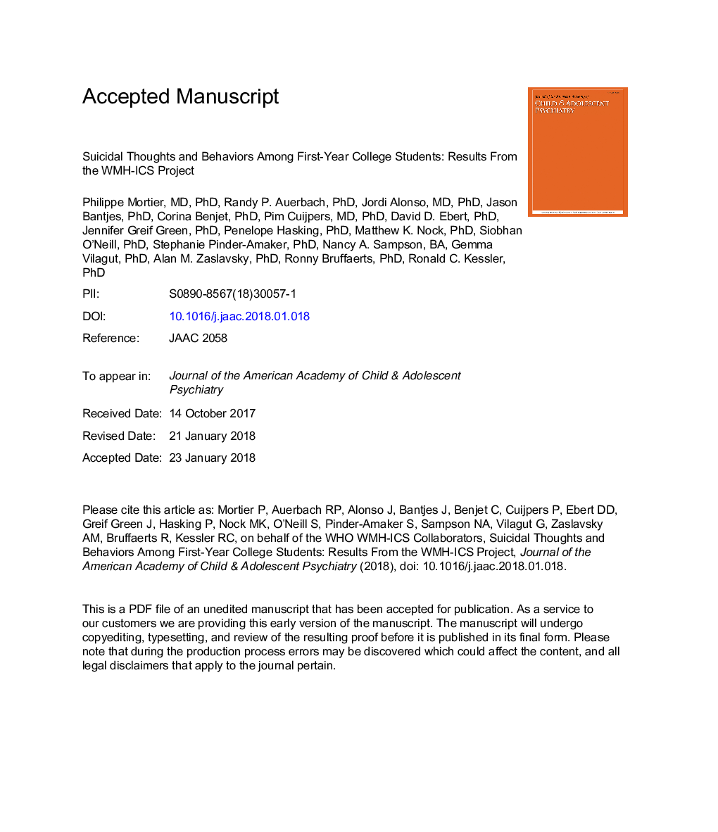 Suicidal Thoughts and Behaviors Among First-Year College Students: Results From the WMH-ICS Project