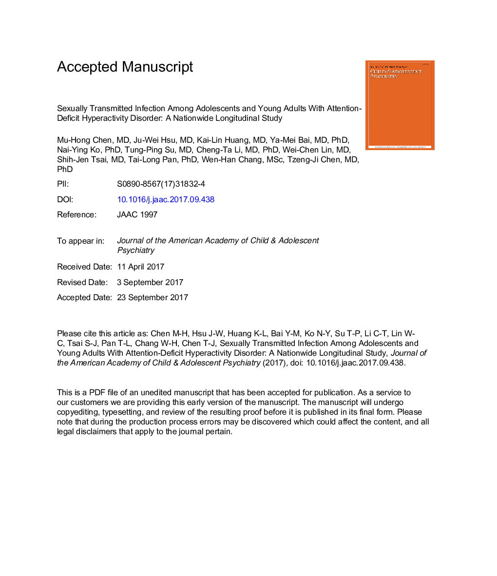 Sexually Transmitted Infection Among Adolescents and Young Adults With Attention-Deficit/Hyperactivity Disorder: A Nationwide Longitudinal Study