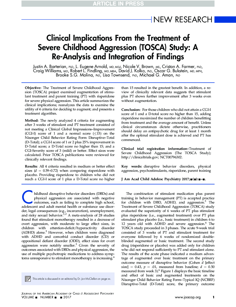 Clinical Implications From the Treatment of Severe Childhood Aggression (TOSCA) Study: A Re-Analysis and Integration of Findings