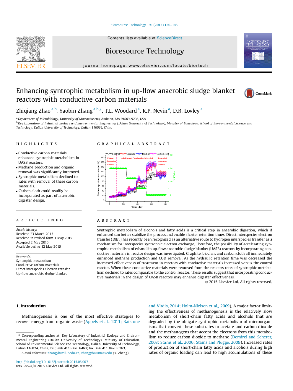 Enhancing syntrophic metabolism in up-flow anaerobic sludge blanket reactors with conductive carbon materials