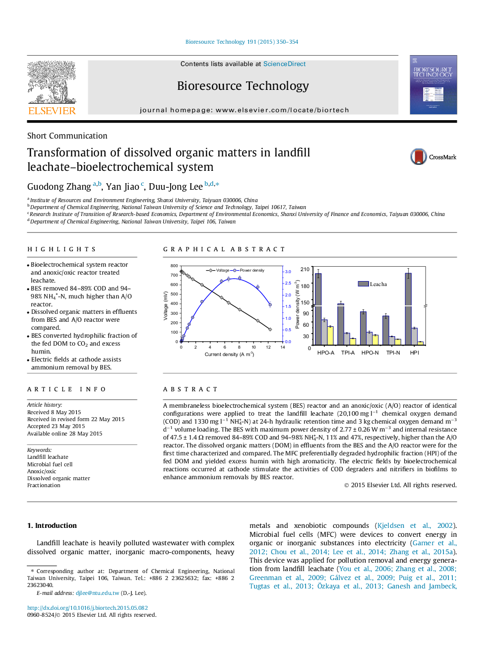 Transformation of dissolved organic matters in landfill leachate–bioelectrochemical system