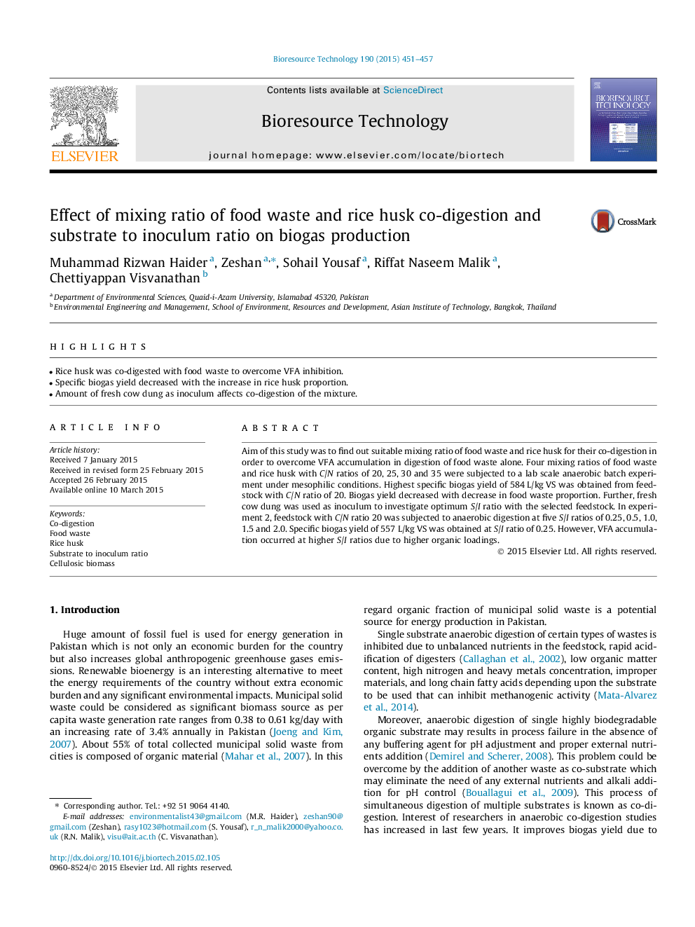 Effect of mixing ratio of food waste and rice husk co-digestion and substrate to inoculum ratio on biogas production