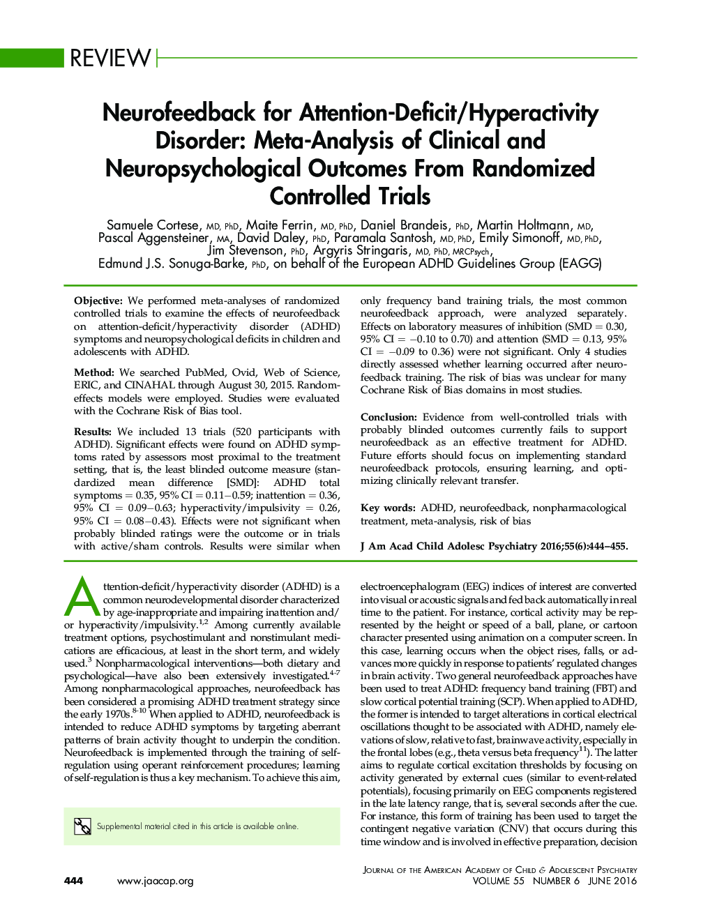 Neurofeedback for Attention-Deficit/Hyperactivity Disorder: Meta-Analysis of Clinical and Neuropsychological Outcomes From Randomized Controlled Trials