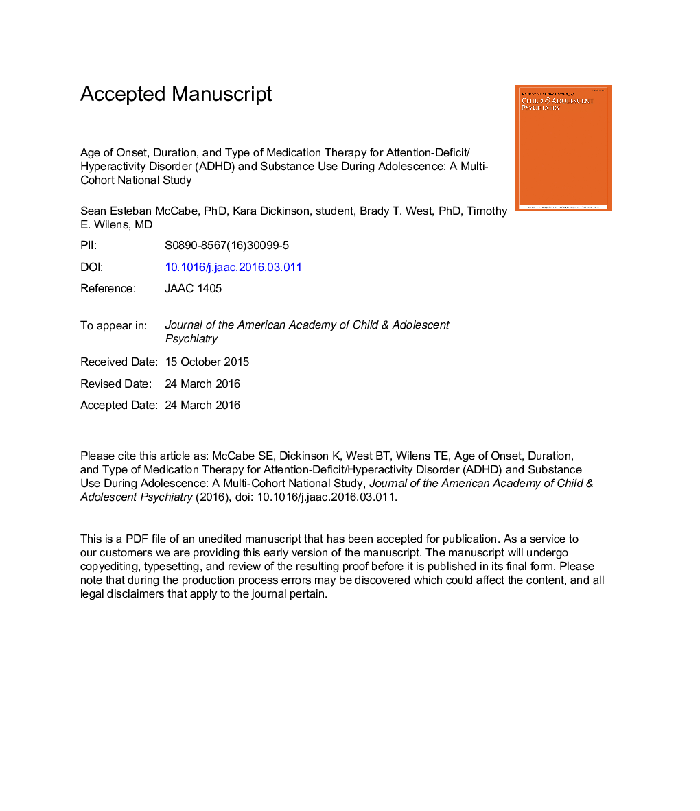 Age of Onset, Duration, and Type of Medication Therapy for Attention-Deficit/Hyperactivity Disorder and Substance Use During Adolescence: A Multi-Cohort National Study