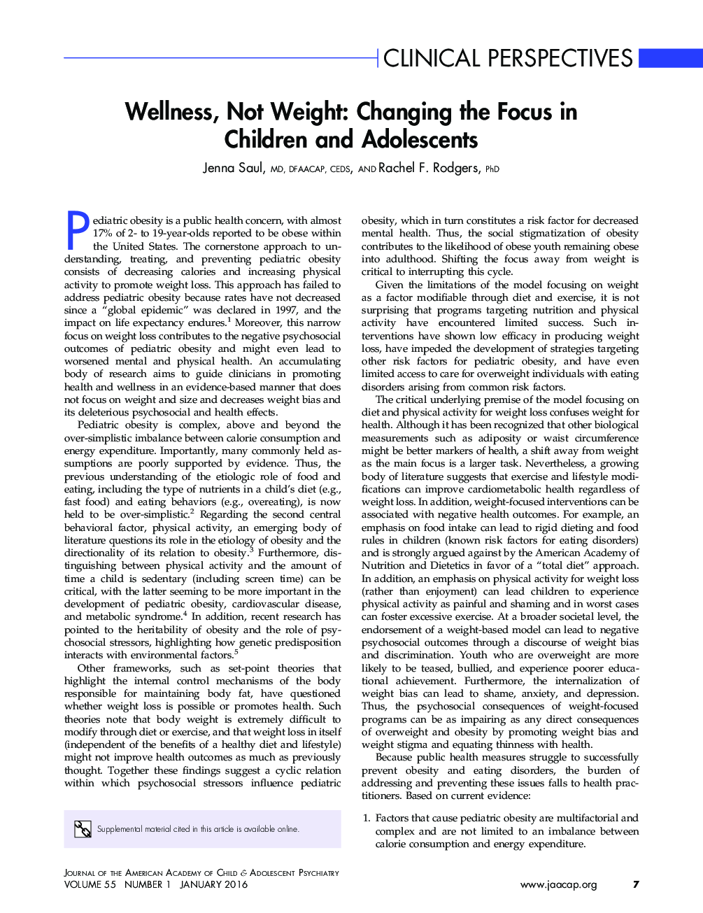Wellness, Not Weight: Changing the Focus in Children and Adolescents