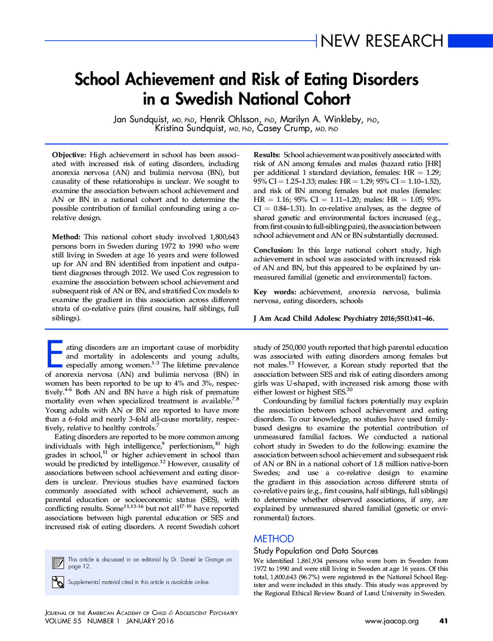 پیشرفت تحصیلی و ریسک اختلالات خوردن در یک گروه ملی سوئد 
