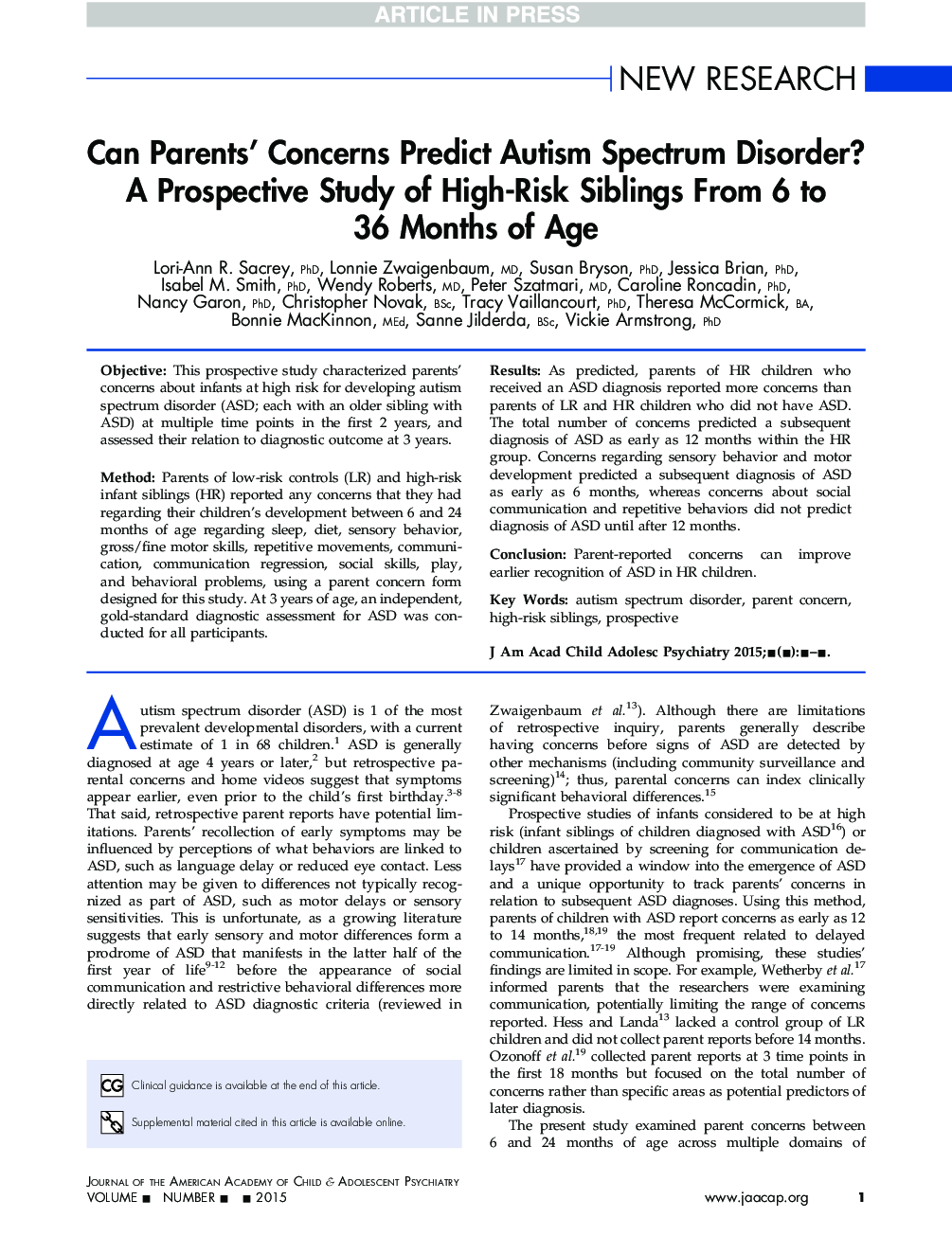 Can Parents' Concerns Predict Autism Spectrum Disorder? A Prospective Study of High-Risk Siblings From 6 to 36Â Months of Age