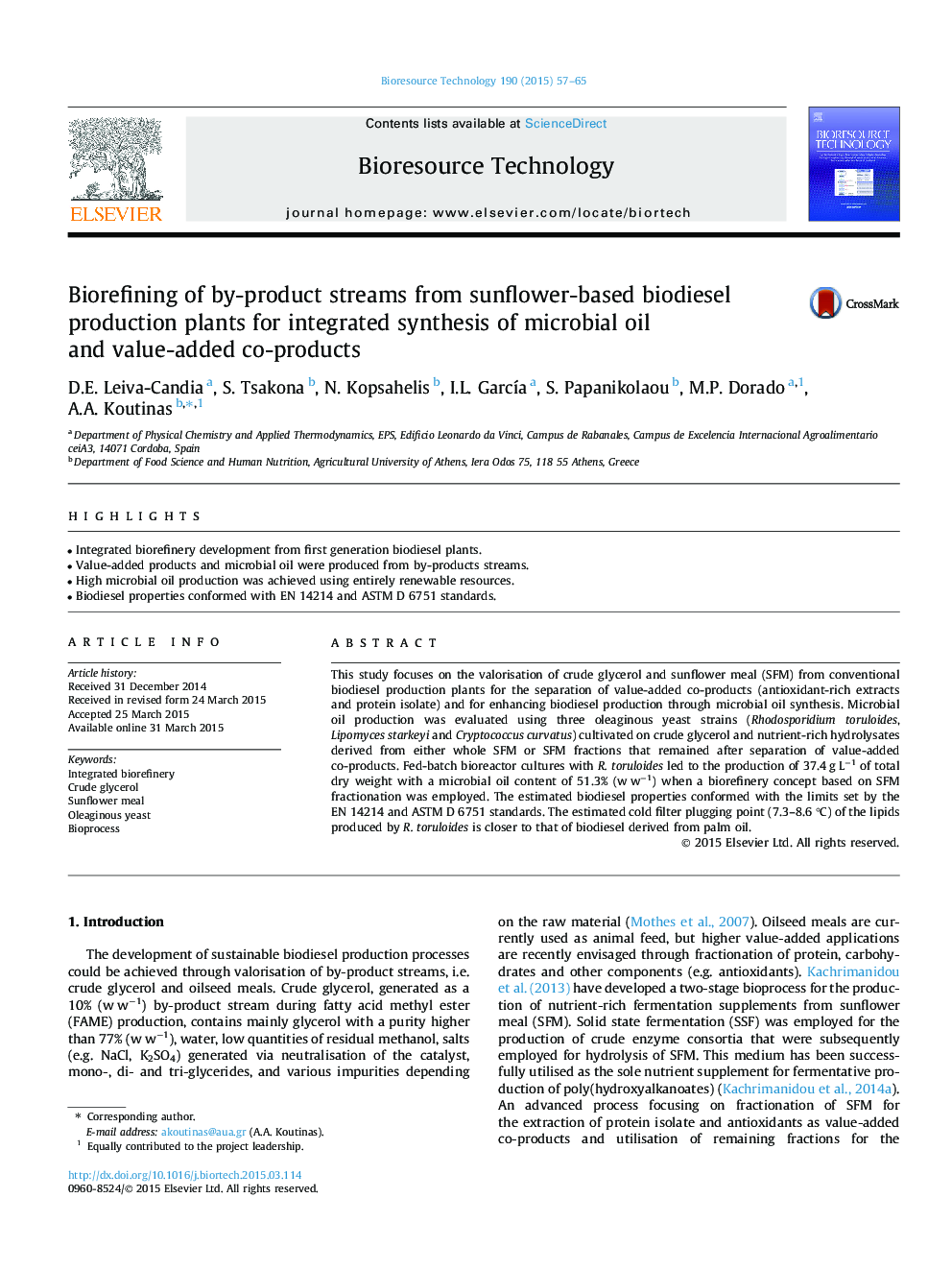 Biorefining of by-product streams from sunflower-based biodiesel production plants for integrated synthesis of microbial oil and value-added co-products