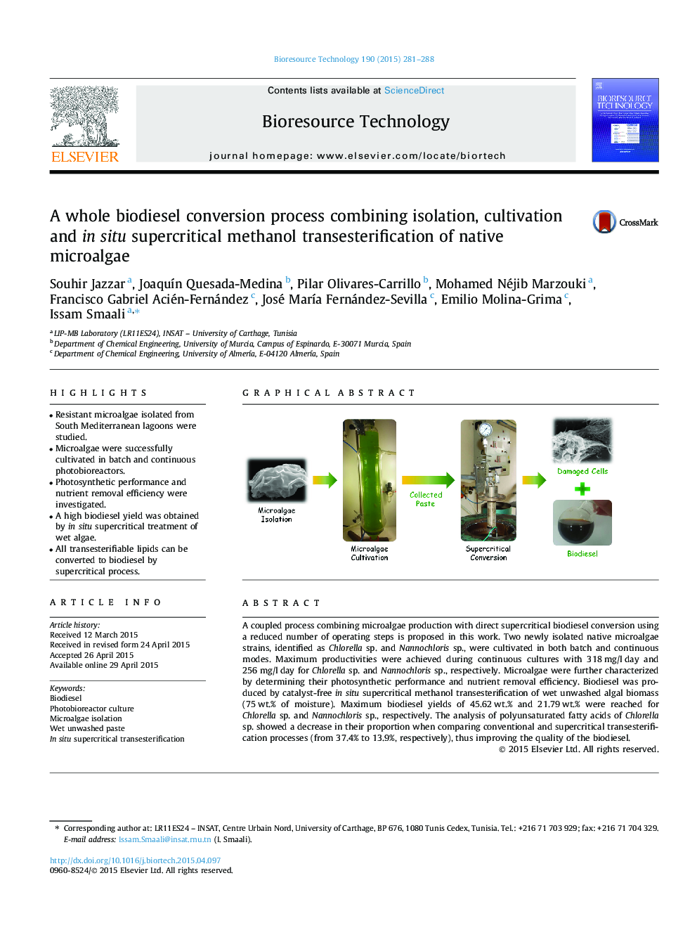 A whole biodiesel conversion process combining isolation, cultivation and in situ supercritical methanol transesterification of native microalgae