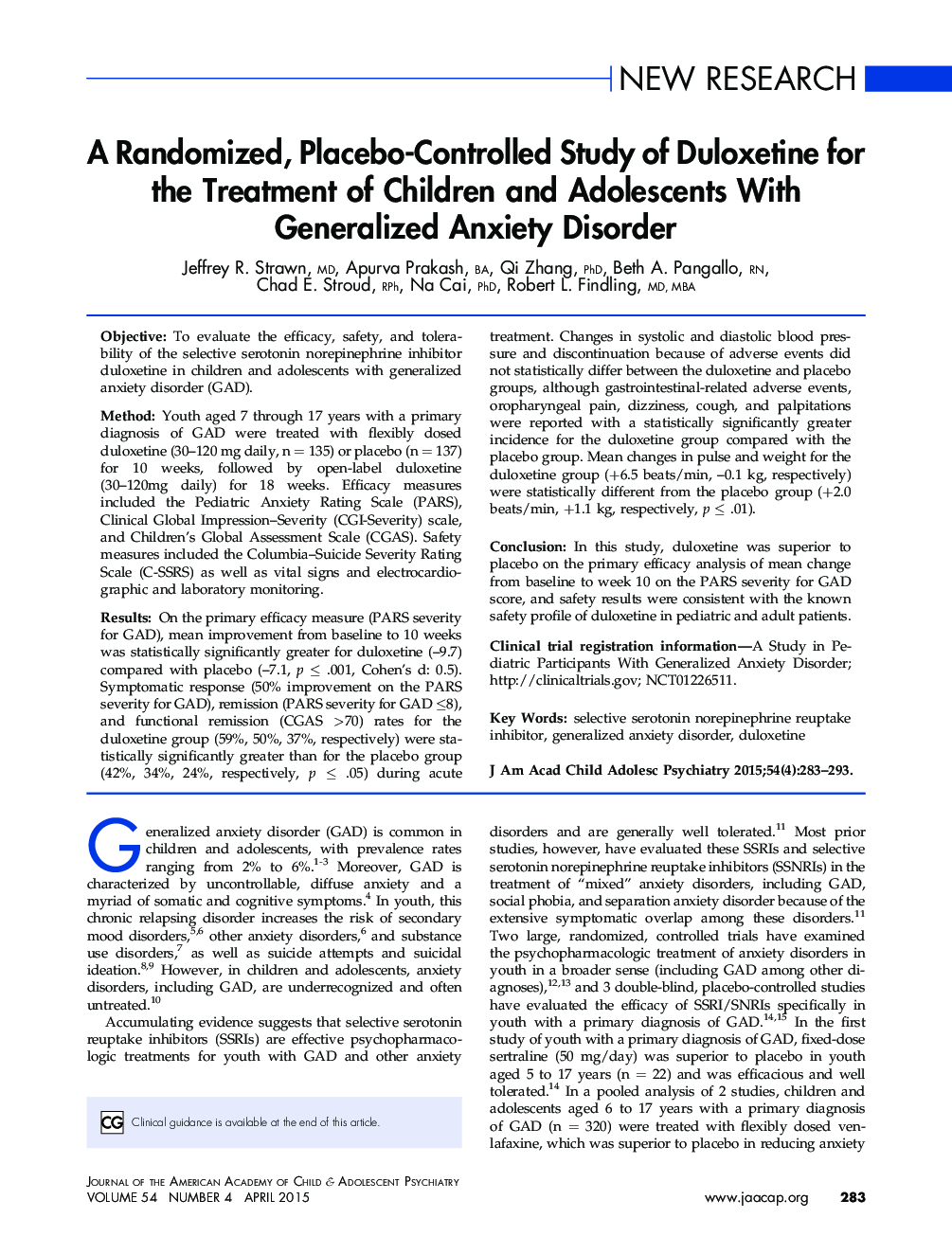 A Randomized, Placebo-Controlled Study of Duloxetine for the Treatment of Children and Adolescents With Generalized Anxiety Disorder