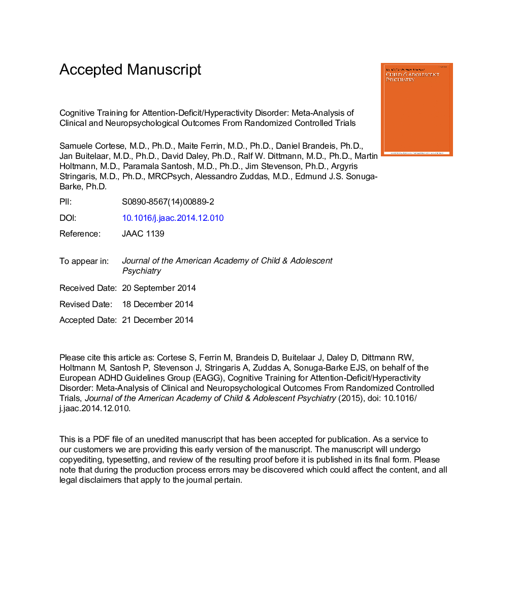 Cognitive Training for Attention-Deficit/Hyperactivity Disorder: Meta-Analysis of Clinical and Neuropsychological Outcomes From Randomized Controlled Trials