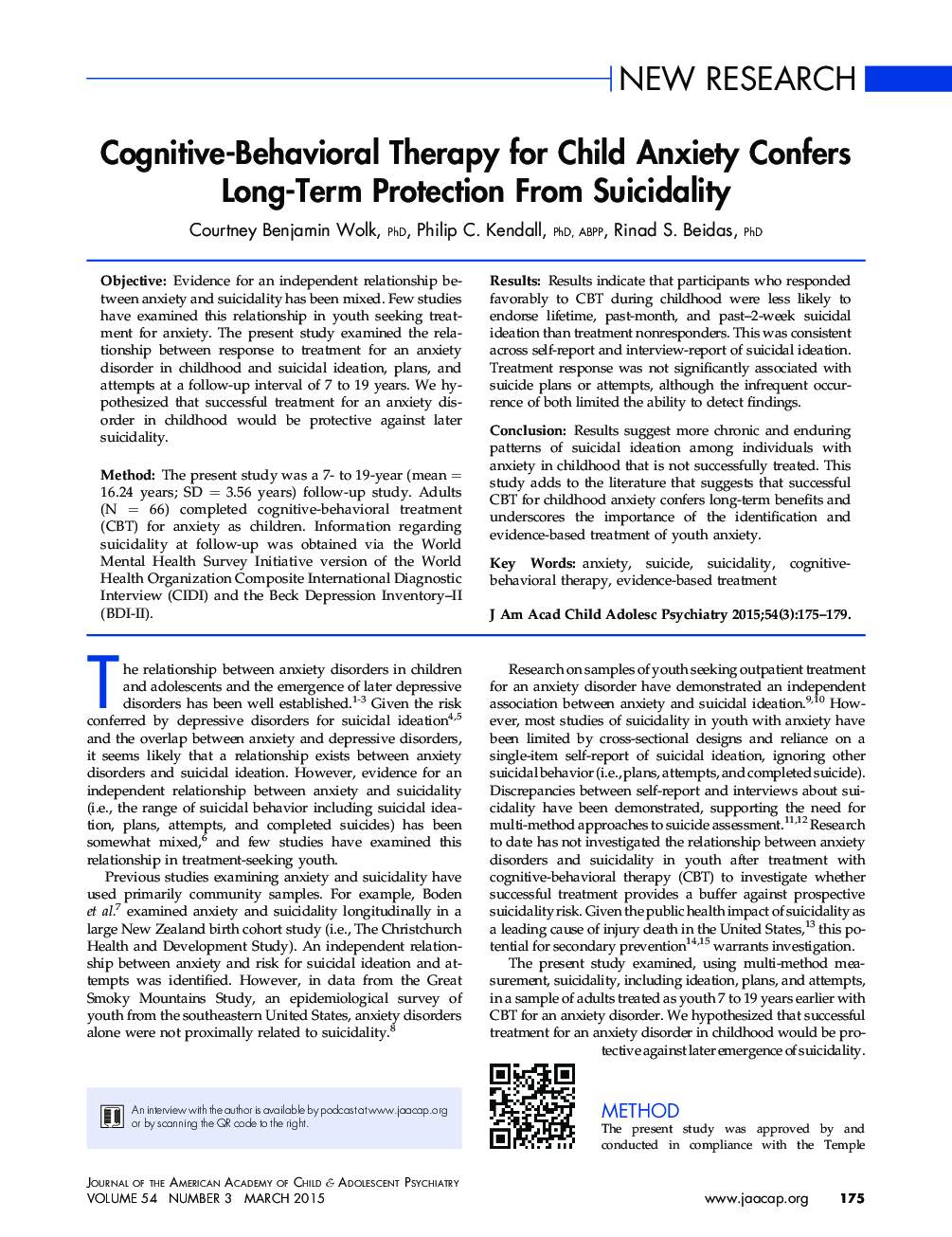 Cognitive-Behavioral Therapy for Child Anxiety Confers Long-Term Protection From Suicidality