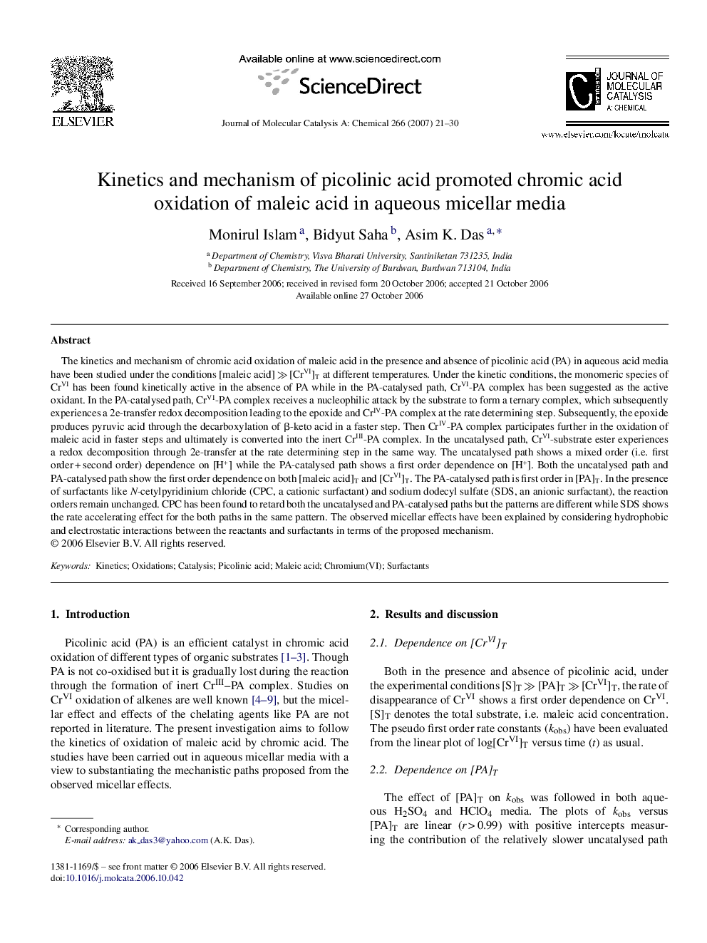 Kinetics and mechanism of picolinic acid promoted chromic acid oxidation of maleic acid in aqueous micellar media