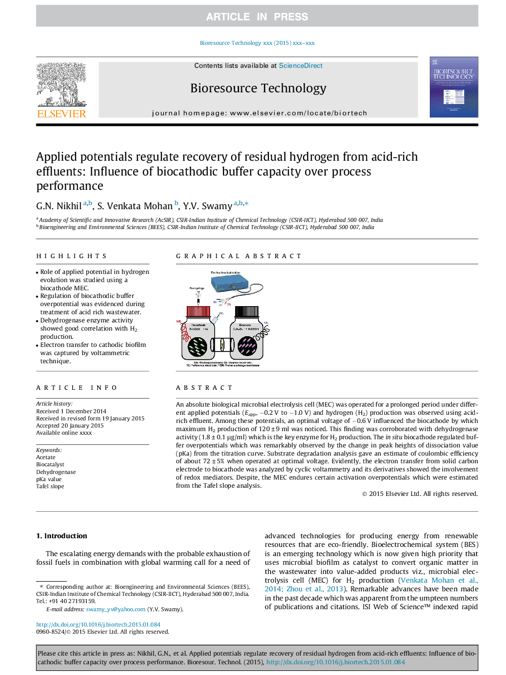 عکس صفحه اول مقاله: Applied potentials regulate recovery of residual hydrogen from acid-rich effluents: Influence of biocathodic buffer capacity over process performance Applied potentials regulate recovery of residual hydrogen from acid-rich effluents: Influence of biocathodic buffer capacity over process performance