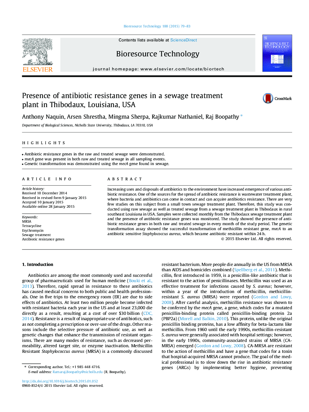 Presence of antibiotic resistance genes in a sewage treatment plant in Thibodaux, Louisiana, USA