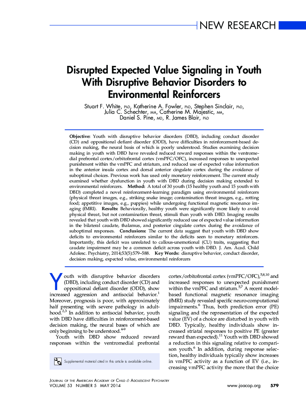 Disrupted Expected Value Signaling in Youth With Disruptive Behavior Disorders to Environmental Reinforcers