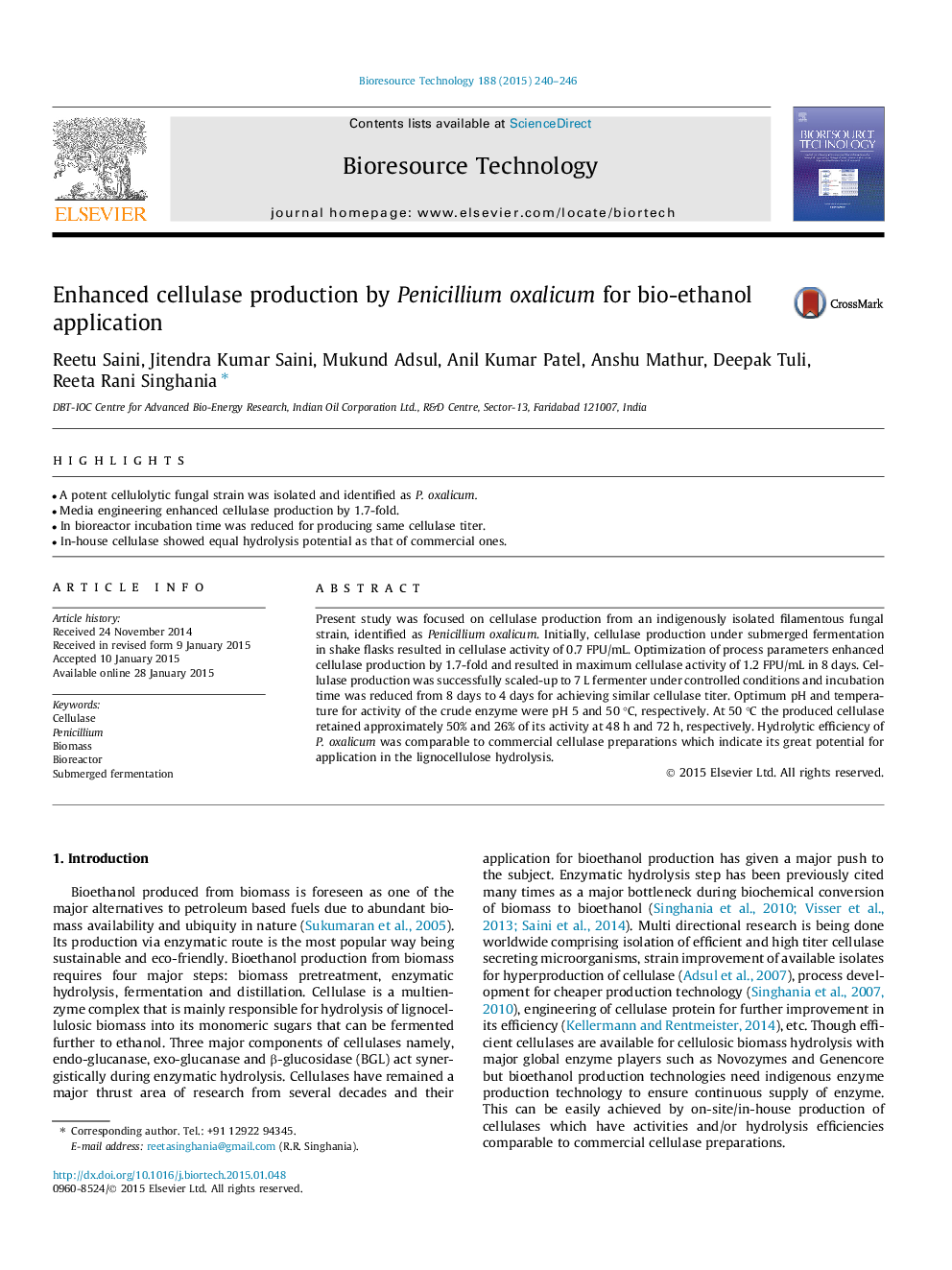 Enhanced cellulase production by Penicillium oxalicum for bio-ethanol application