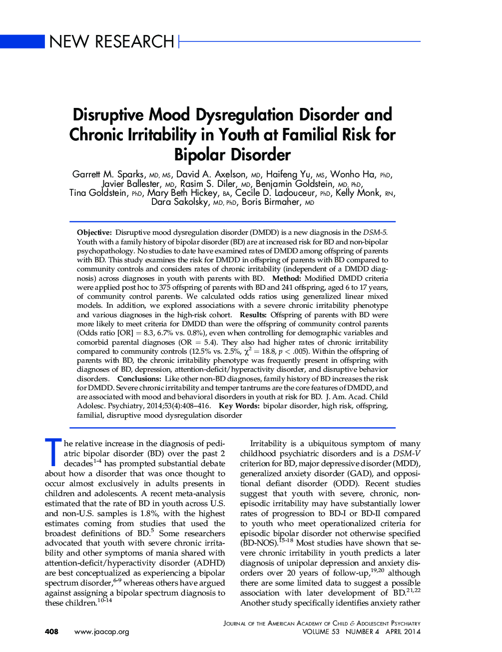 Disruptive Mood Dysregulation Disorder and Chronic Irritability in Youth at Familial Risk for Bipolar Disorder