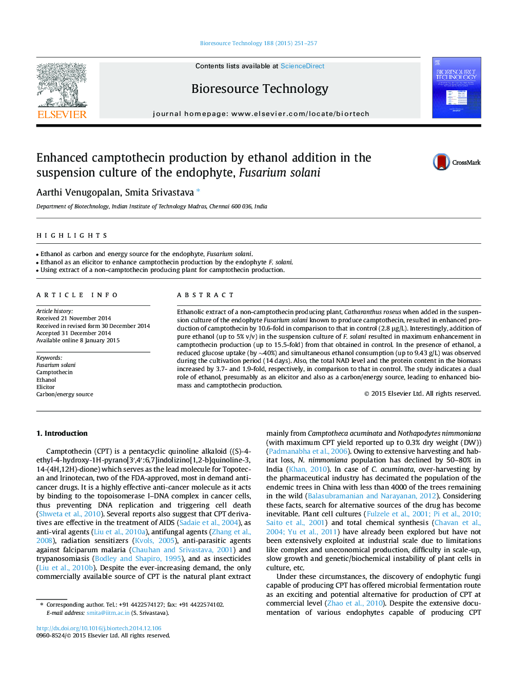 Enhanced camptothecin production by ethanol addition in the suspension culture of the endophyte, Fusarium solani