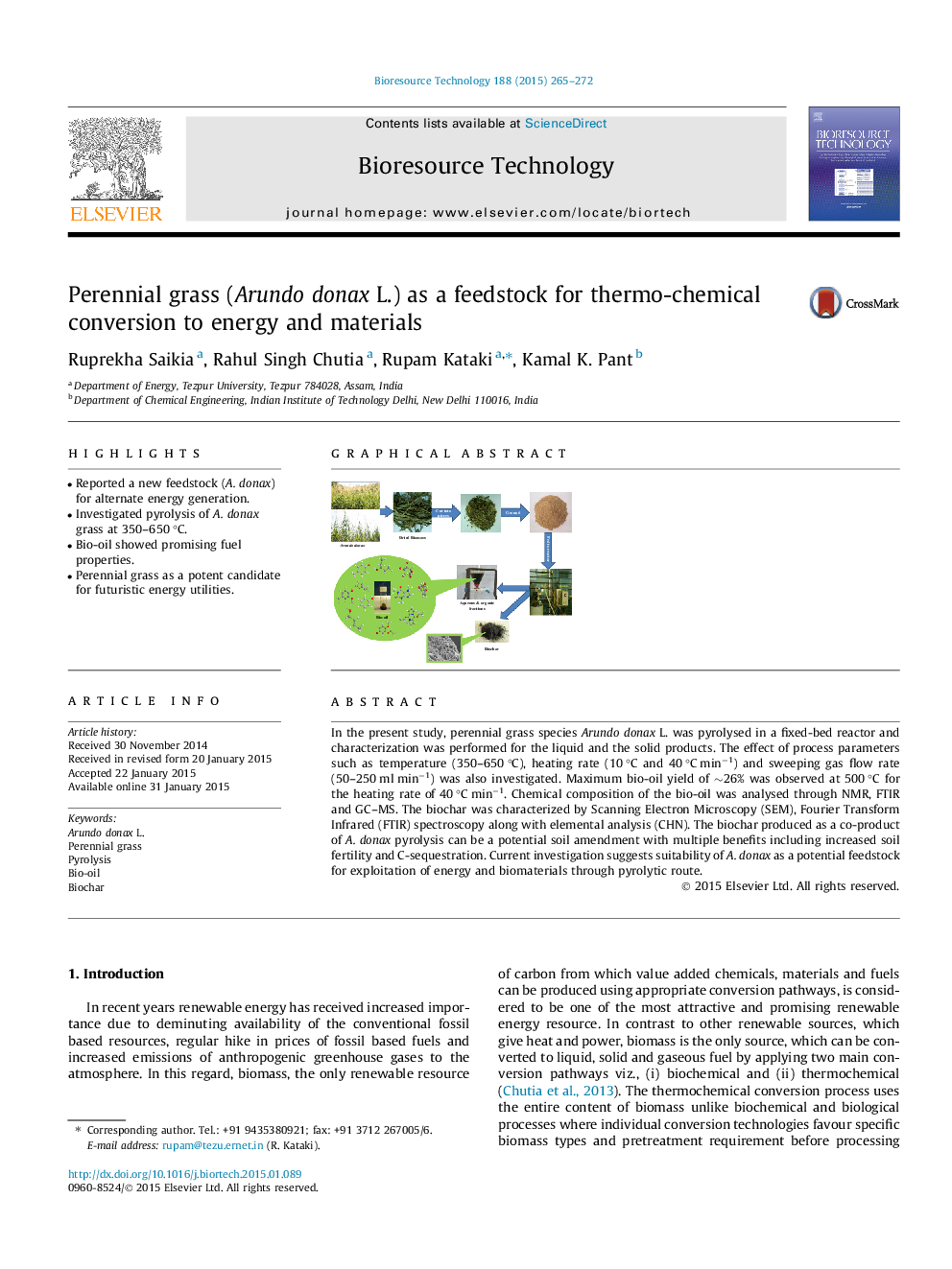 Perennial grass (Arundo donax L.) as a feedstock for thermo-chemical conversion to energy and materials