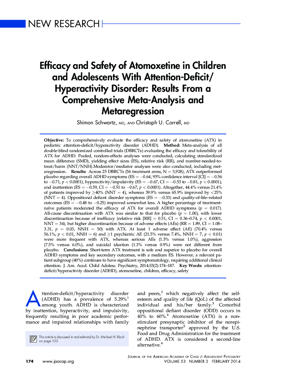 Efficacy and Safety of Atomoxetine in Children and Adolescents With Attention-Deficit/Hyperactivity Disorder: Results From a Comprehensive Meta-Analysis and Metaregression