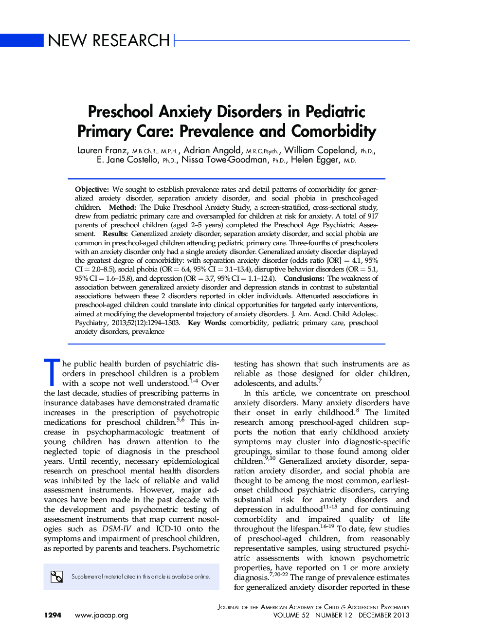 Preschool Anxiety Disorders in Pediatric Primary Care: Prevalence and Comorbidity