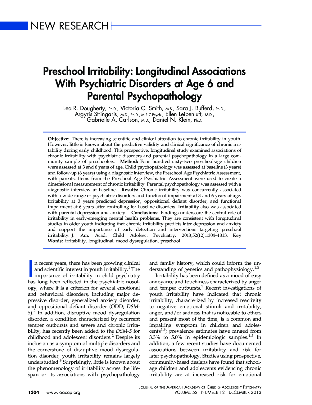 Preschool Irritability: Longitudinal Associations With Psychiatric Disorders at Age 6 and Parental Psychopathology