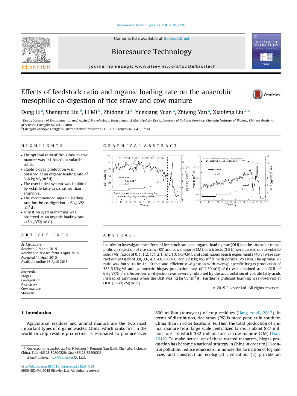 Effects of feedstock ratio and organic loading rate on the anaerobic mesophilic co-digestion of rice straw and cow manure