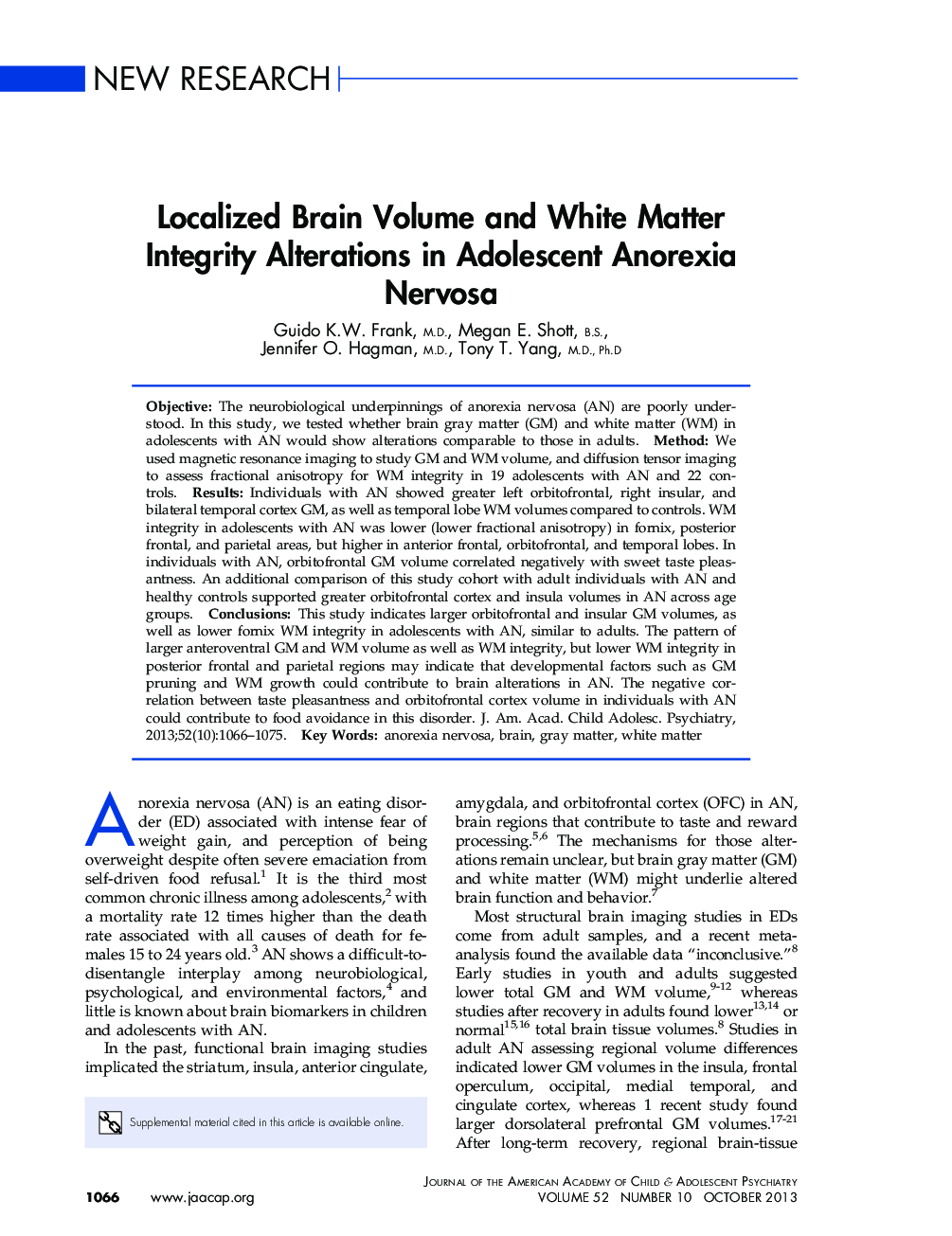 Localized Brain Volume and White Matter Integrity Alterations in Adolescent Anorexia Nervosa