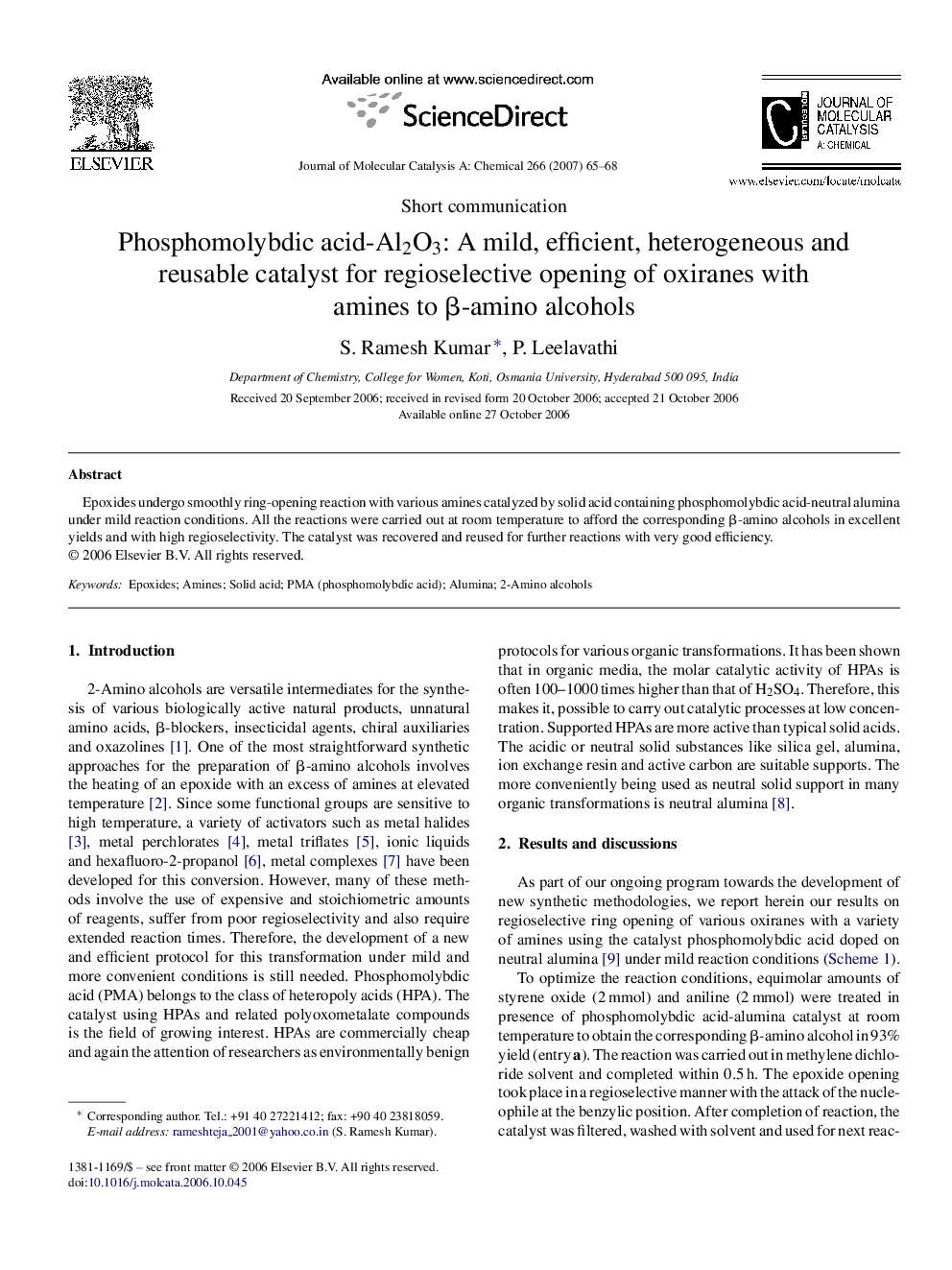 Phosphomolybdic acid-Al2O3: A mild, efficient, heterogeneous and reusable catalyst for regioselective opening of oxiranes with amines to β-amino alcohols