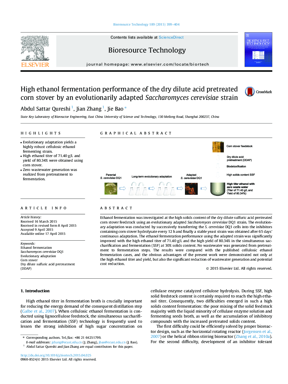 High ethanol fermentation performance of the dry dilute acid pretreated corn stover by an evolutionarily adapted Saccharomyces cerevisiae strain