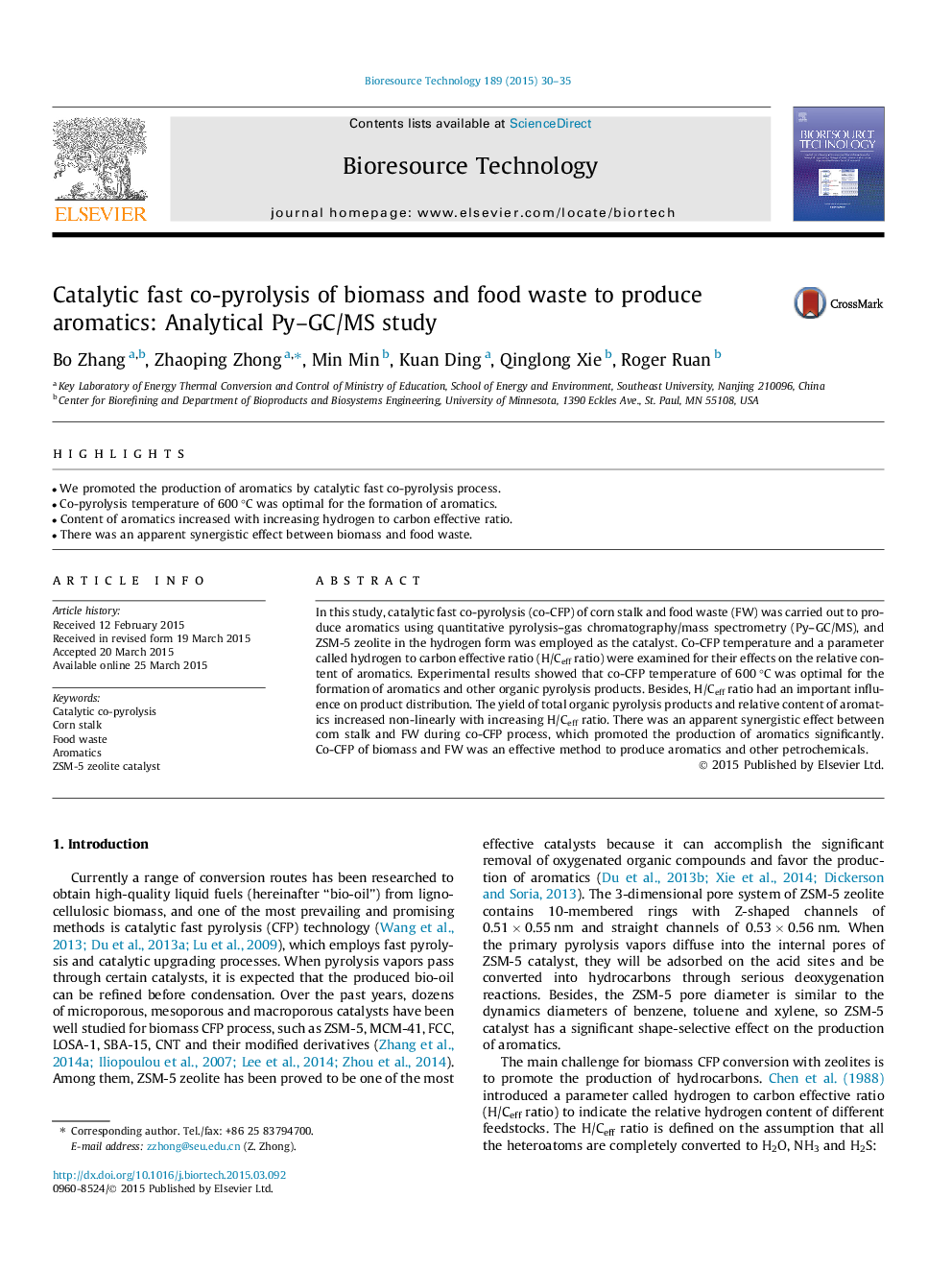 Catalytic fast co-pyrolysis of biomass and food waste to produce aromatics: Analytical Py–GC/MS study