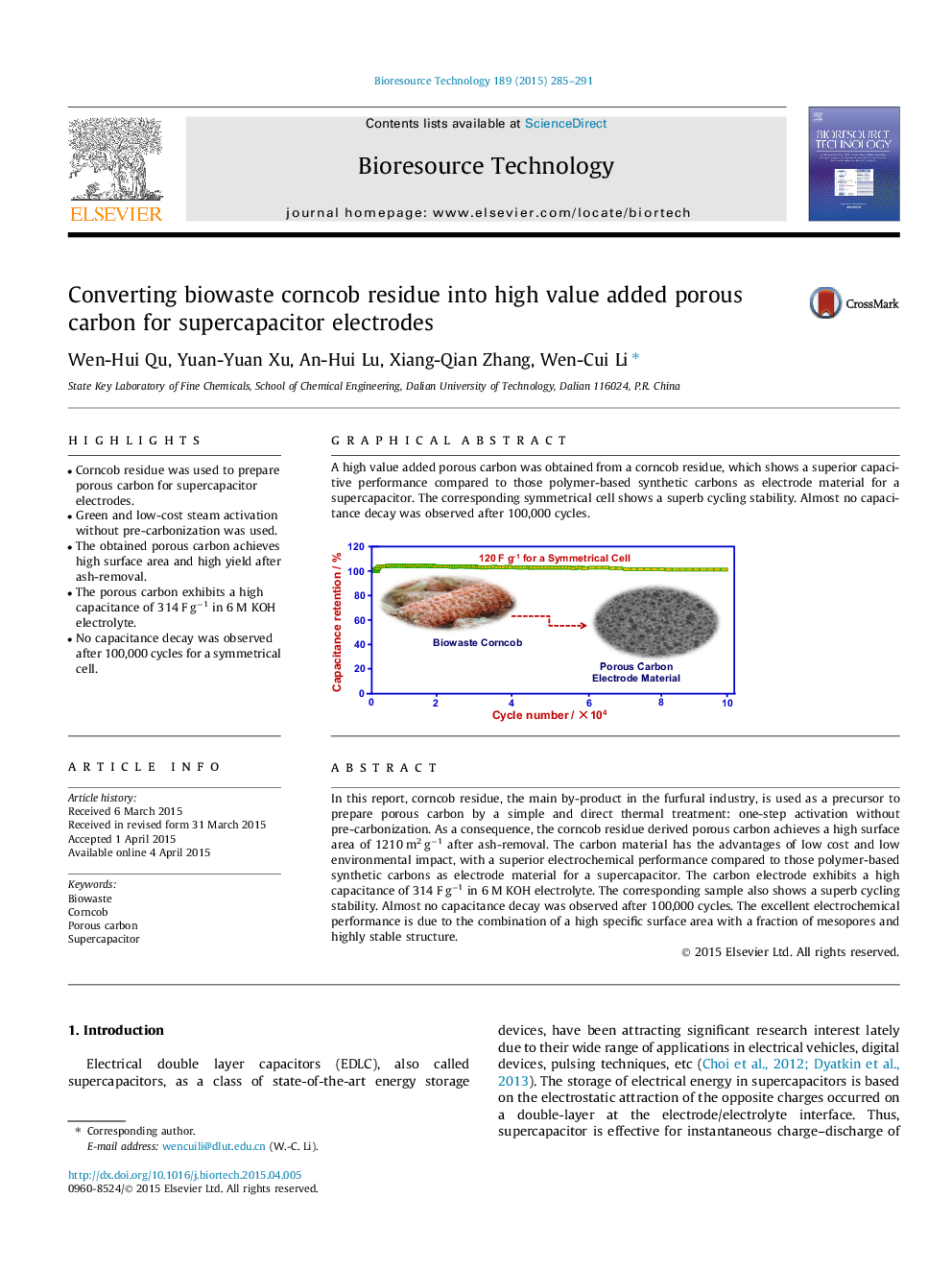 Converting biowaste corncob residue into high value added porous carbon for supercapacitor electrodes