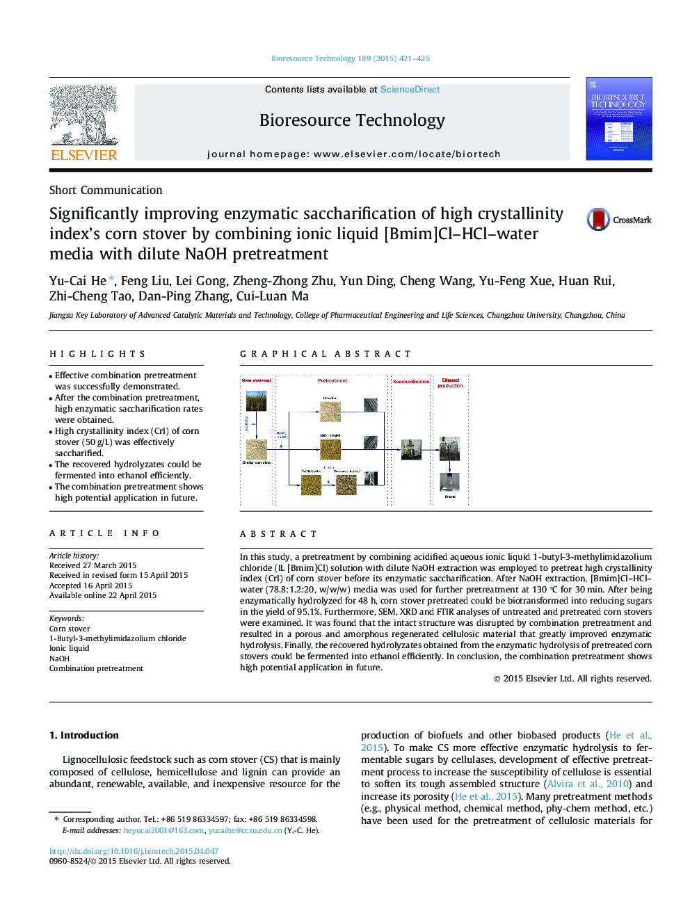 Significantly improving enzymatic saccharification of high crystallinity index’s corn stover by combining ionic liquid [Bmim]Cl–HCl–water media with dilute NaOH pretreatment