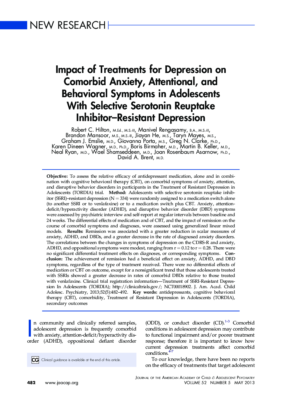 Impact of Treatments for Depression on Comorbid Anxiety, Attentional, and Behavioral Symptoms in Adolescents With Selective Serotonin Reuptake Inhibitor-Resistant Depression