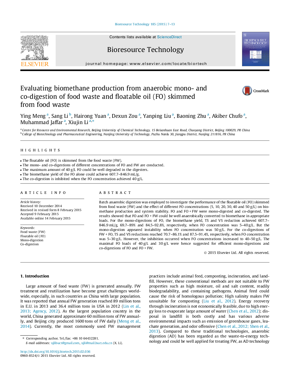 Evaluating biomethane production from anaerobic mono- and co-digestion of food waste and floatable oil (FO) skimmed from food waste