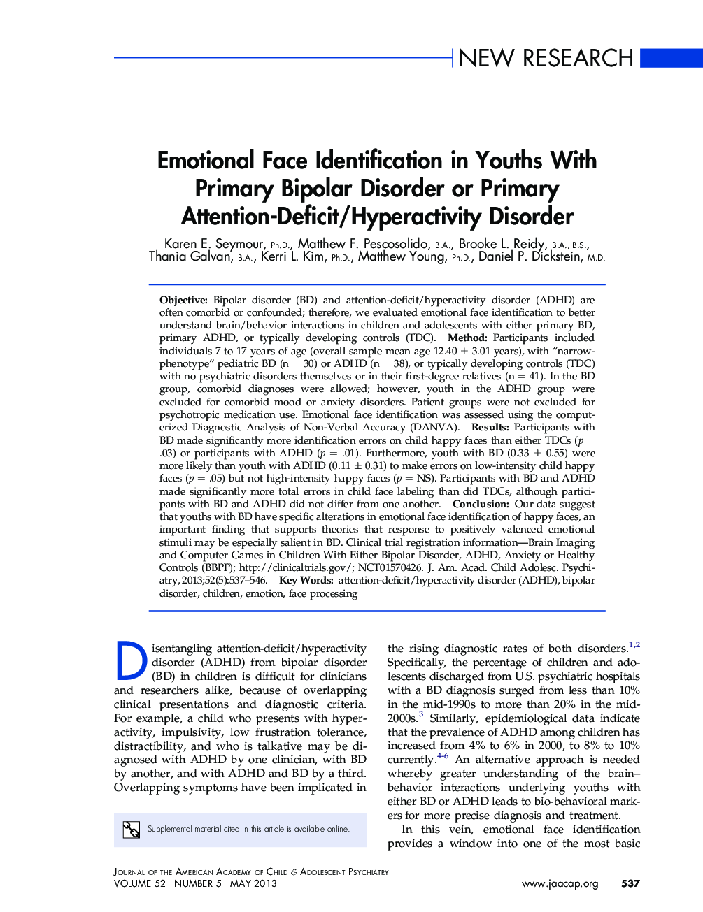 Emotional Face Identification in Youths With Primary Bipolar Disorder or Primary Attention-Deficit/Hyperactivity Disorder