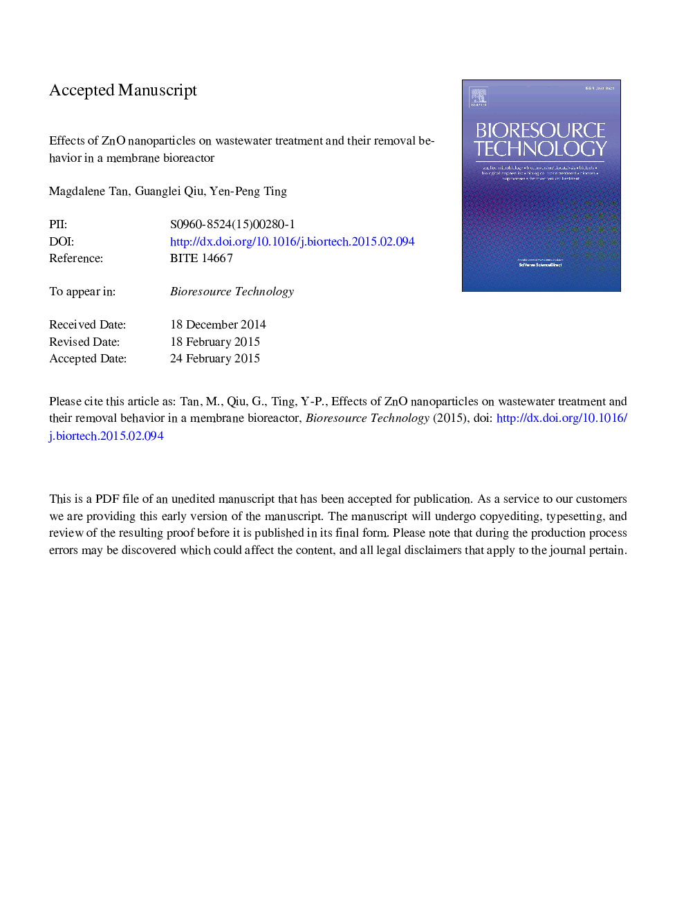 Effects of ZnO nanoparticles on wastewater treatment and their removal behavior in a membrane bioreactor