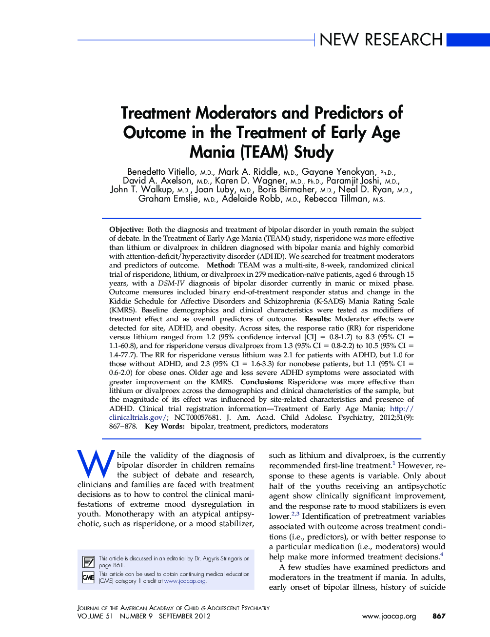 Treatment Moderators and Predictors of Outcome in the Treatment of Early Age Mania (TEAM) Study