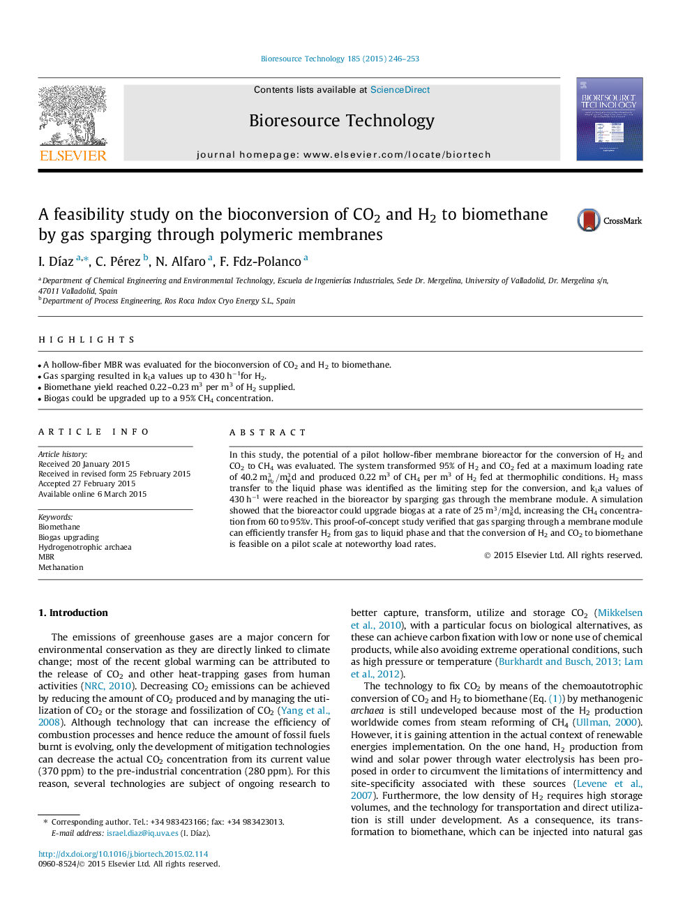 A feasibility study on the bioconversion of CO2 and H2 to biomethane by gas sparging through polymeric membranes