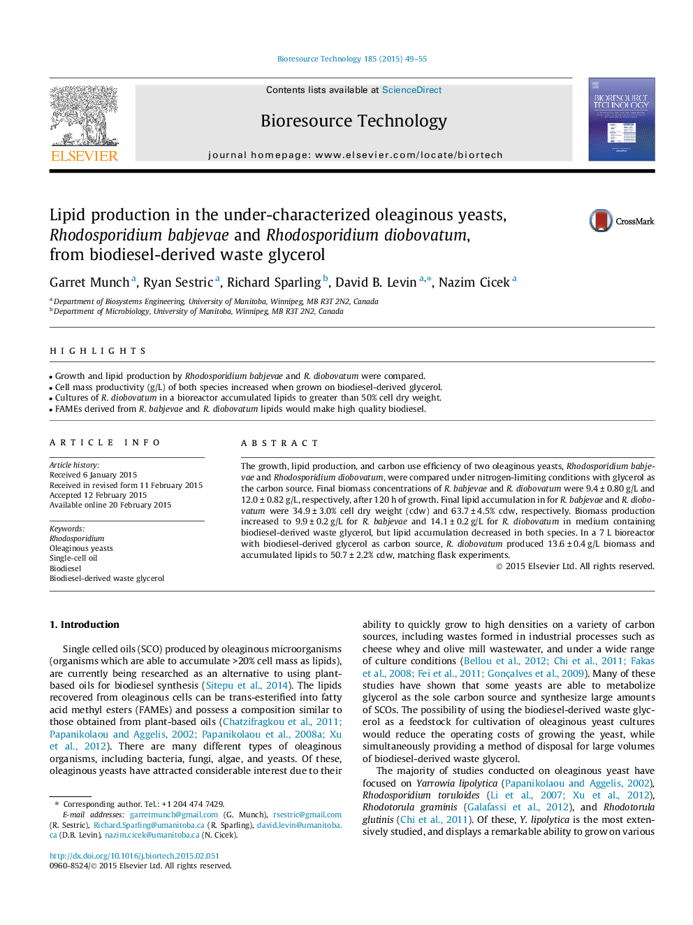 Lipid production in the under-characterized oleaginous yeasts, Rhodosporidium babjevae and Rhodosporidium diobovatum, from biodiesel-derived waste glycerol