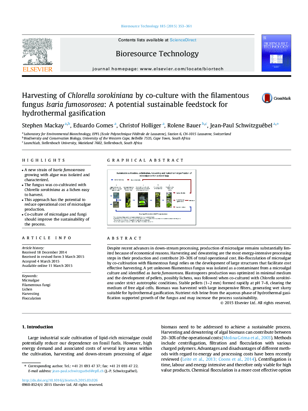 Harvesting of Chlorella sorokiniana by co-culture with the filamentous fungus Isaria fumosorosea: A potential sustainable feedstock for hydrothermal gasification