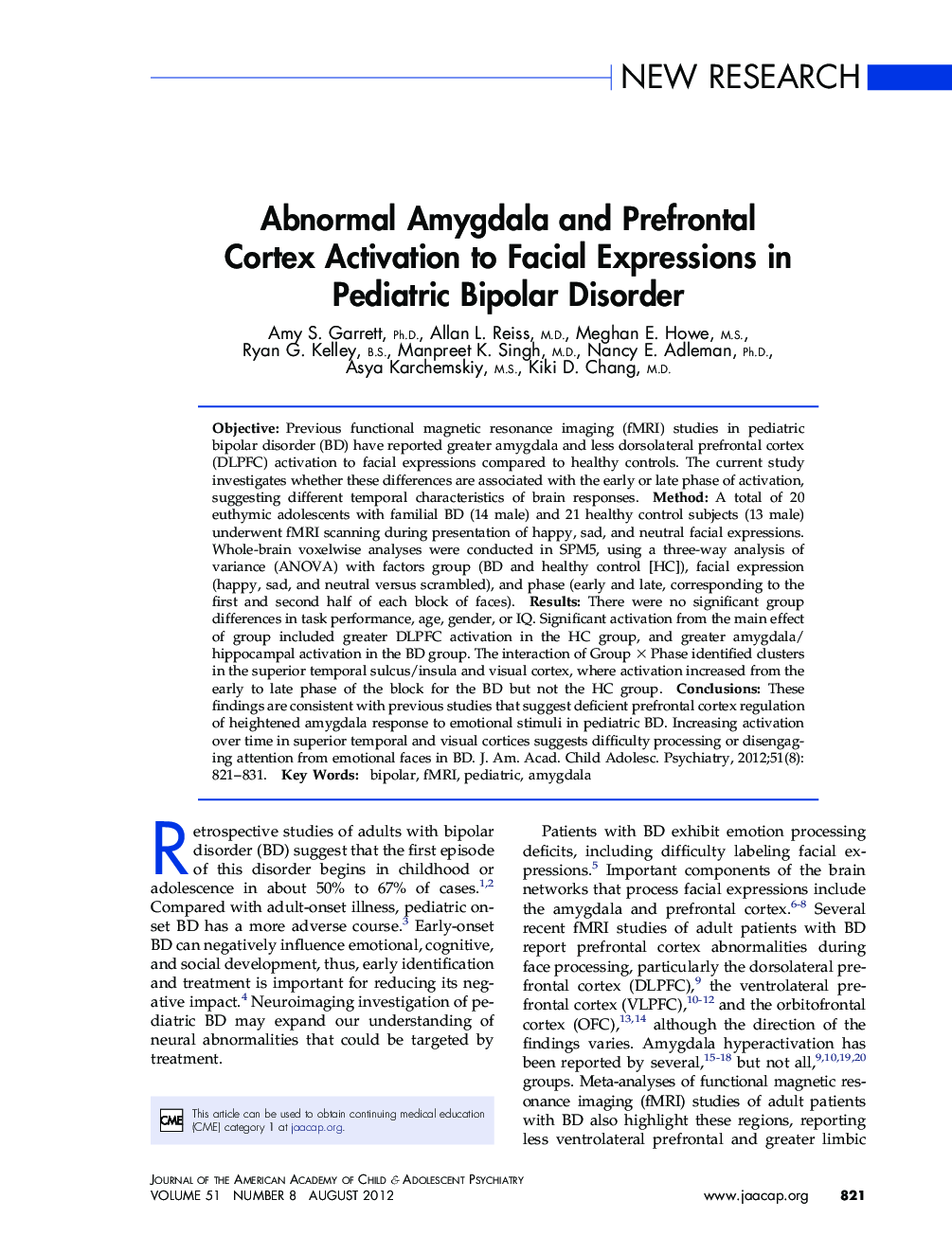 Abnormal Amygdala and Prefrontal Cortex Activation to Facial Expressions in Pediatric Bipolar Disorder